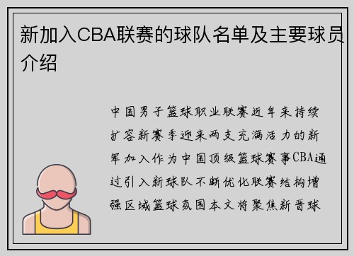 新加入CBA联赛的球队名单及主要球员介绍